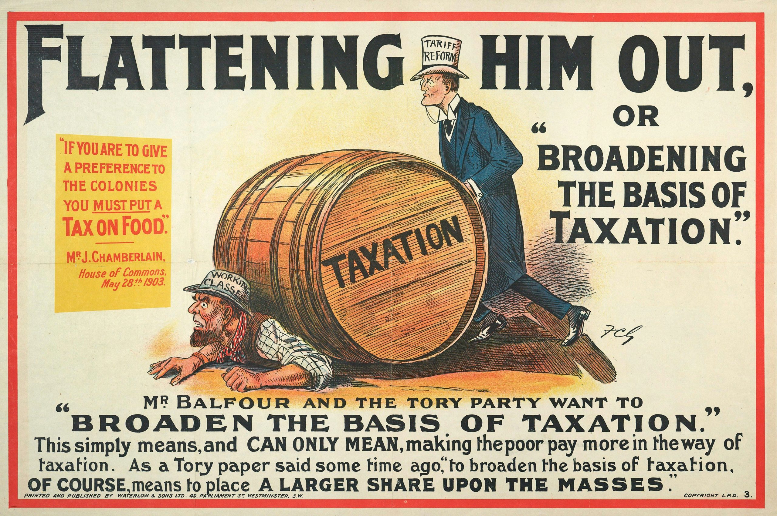 "Flattening Him Out" poster. A Tory wearing a monocle, spats, and a top hat with "Tariff Reform" written on it. C1905-1910.
