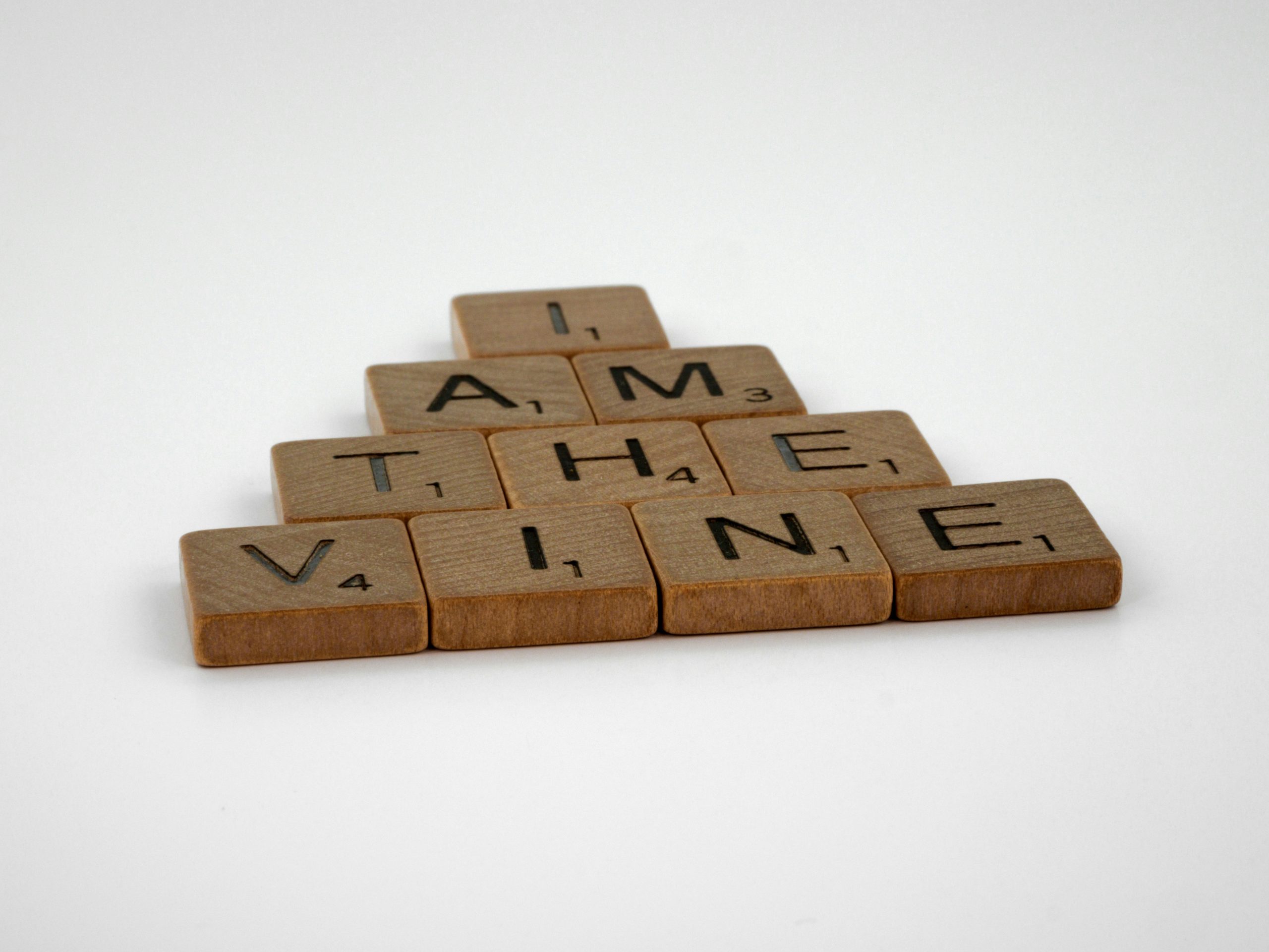 scrabble, scrabble pieces, lettering, letters, wood, scrabble tiles, white background, words, quote, letters, type, typography, design, layout, focus, bokeh, blur, photography, images, image, i the good shepherd, i am the vine, jesus, john 15, bible, bible verse, new testament, promise, faith, christianity, christ, ethics, i am, jesus sayings, john's gospel, truth, authentic, authenticity, salvation, truth, distinguish, discern, god the father, god the son, vine, gardener, fruitful, fruit, remain, abide, branches,